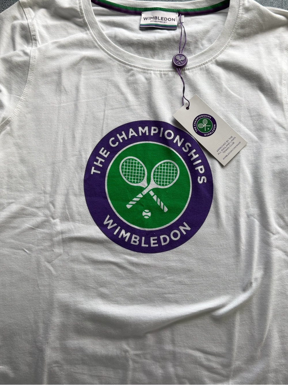Wimbledon White Tee with Green & Purple Crest